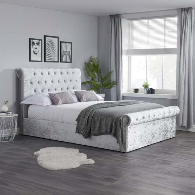 Sienna - Small Double - Ottoman Bed - Light Grey - Crushed Velvet - 4ft - Happy Beds