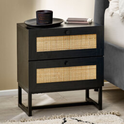 Padstow - 2 Drawer Bedside Table - Black - Wooden/Rattan - Happy Beds - thumbnail 1
