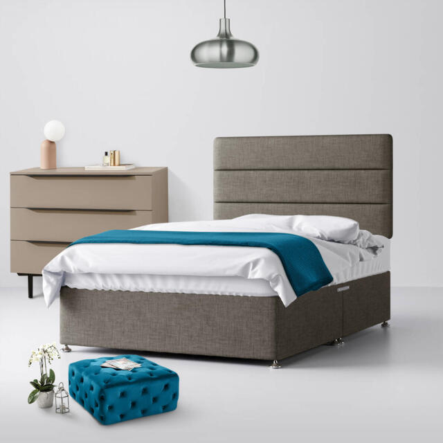 Small Double - Divan Bed and Cornell Lined Headboard - Grey - Fabric - 4ft - Happy Beds - image 1