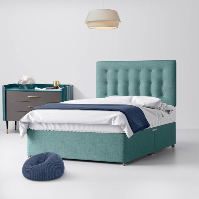 Single - Divan Bed and Cornell Buttoned Headboard - Duck Egg Blue - Fabric - 3ft - Happy Beds - image 1