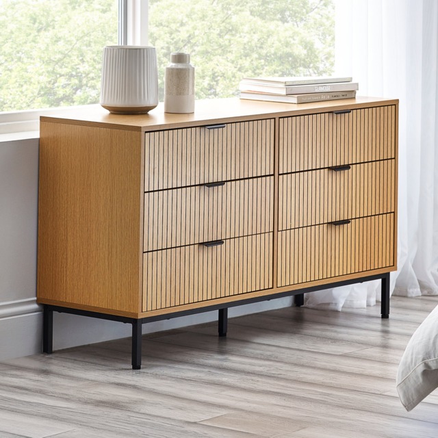 Sia – 6-Drawer Chest of Drawers – Oak/Black – Wood/Metal - Happy Beds