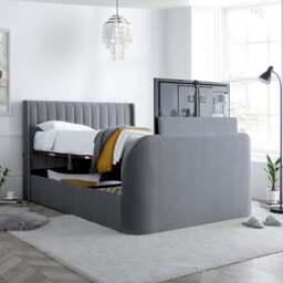 Luther - King Size - Winged Electric Ottoman Storage TV Bed - Grey - Velvet - 5ft - Happy Beds - thumbnail 2