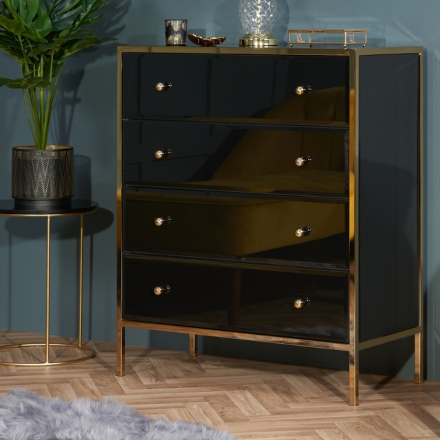 Fenwick - 4 Drawer Chest - Black/Gold - Glass/Metal - Happy Beds - image 1