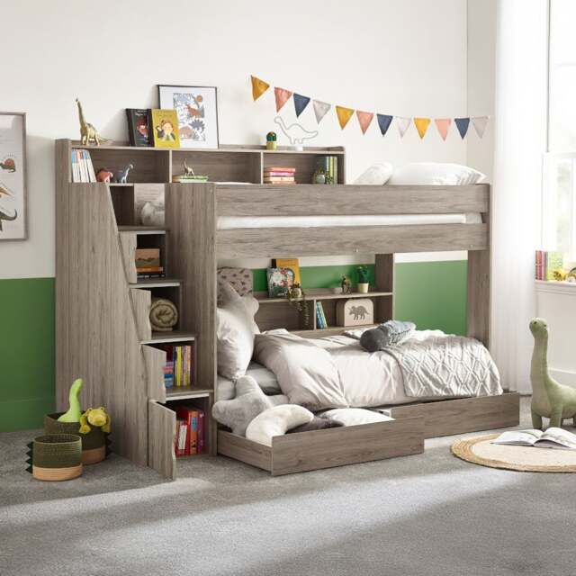Tuscan - Single - Staircase Bunk Bed - Grey Oak - Wooden - 3ft - Happy Beds