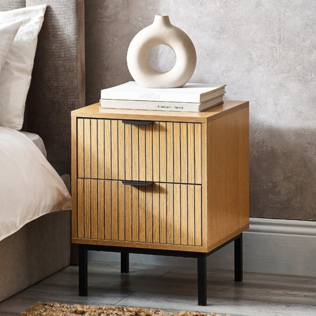Sia – 2-Drawer Bedside Table – Oak/Black – Wood/Metal - Happy Beds - image 1