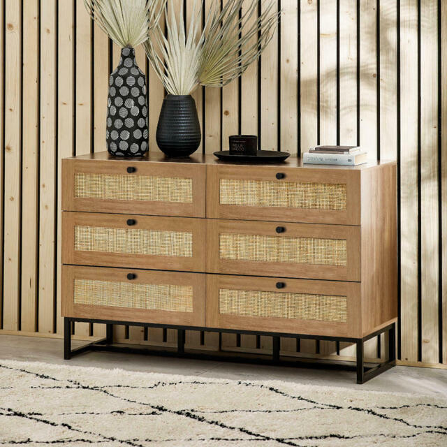 Padstow - 6 Drawer Chest - Oak - Wooden/Rattan - Happy Beds - image 1