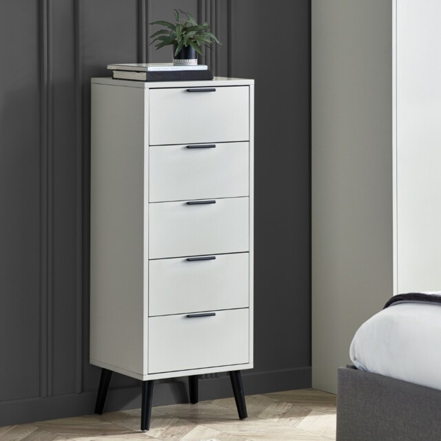 Alba – 5-Drawer Narrow Chest of Drawers – Silk Grey – Lacquered MDF - Happy Beds - image 1
