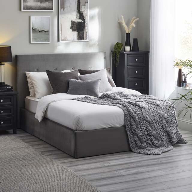 Shoreditch - King Size - Ottoman Bed - Grey - Velvet - 5ft - Happy Beds