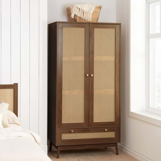 Croxley - 2 Door 1 Drawer Wardrobe - Walnut - Rattan - Wooden - Happy Beds - image 1