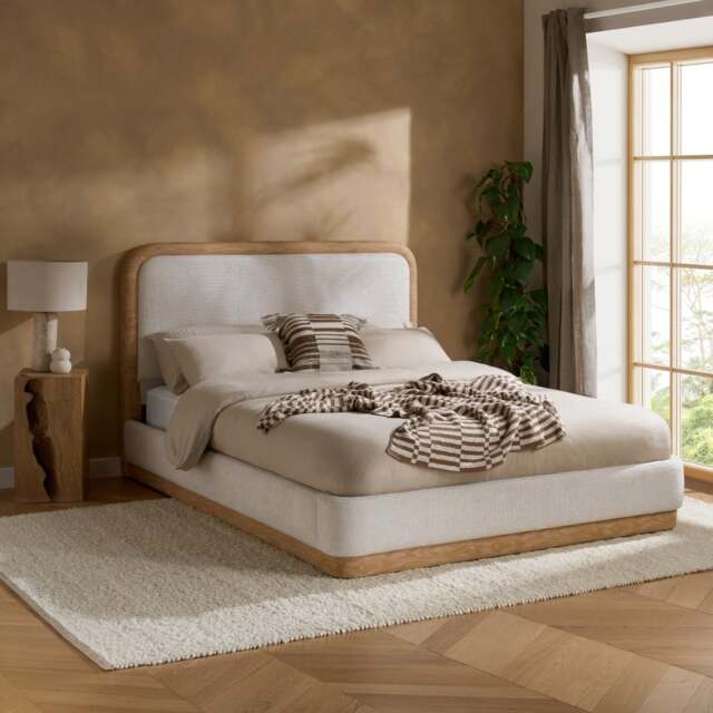 Girona - King Size - Faux Wood-Effect Fabric Trim Bed - White - Fabric - 5ft - image 1