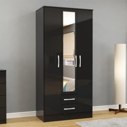 Lynx - 3 Door Combination Mirror Wardrobe - Black - Wooden/Mirror - Happy Beds - thumbnail 1
