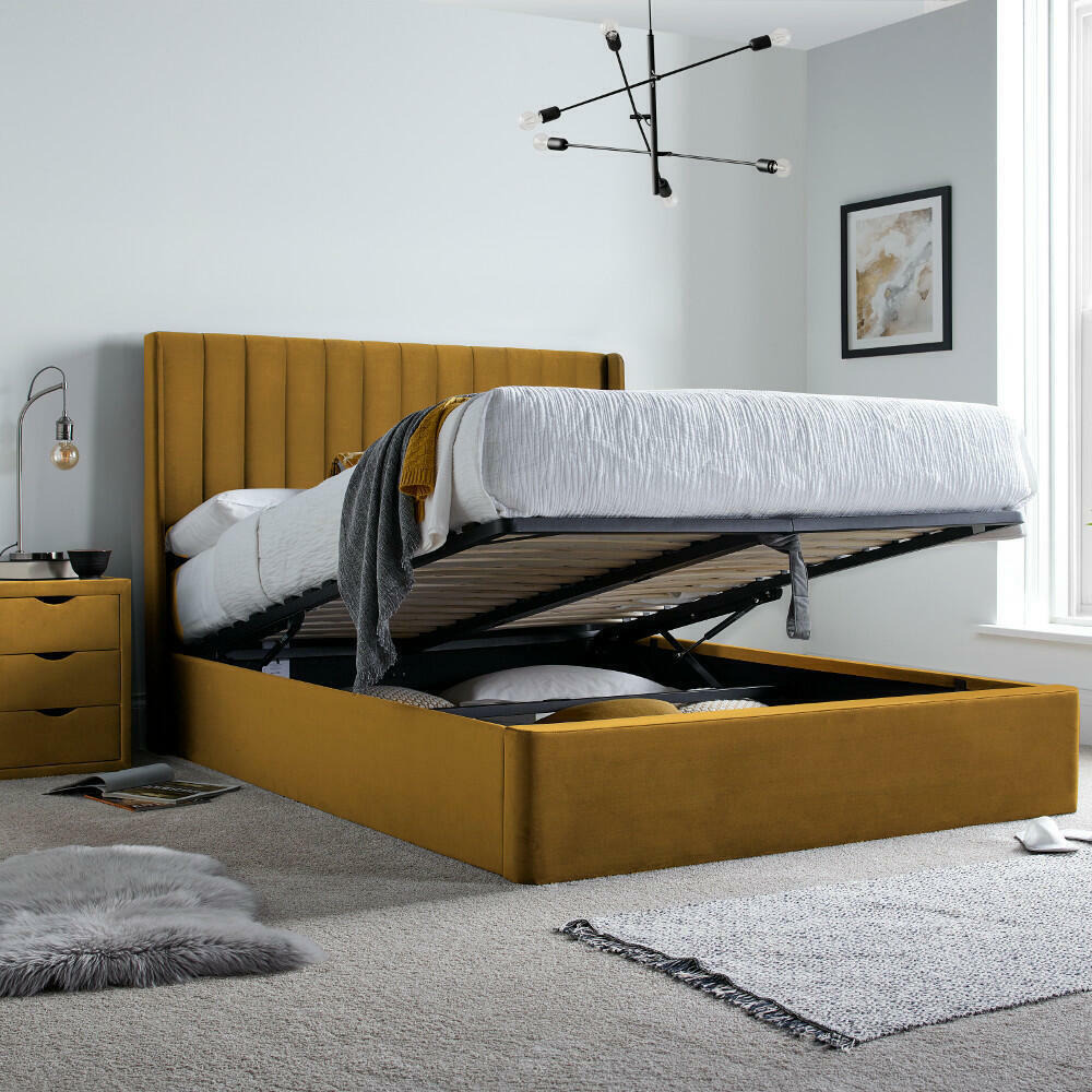Harper - Double - Ottoman Storage Bed - Mustard Yellow - Velvet - 4ft6