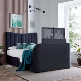 Prince - King Size - Ottoman Storage TV Bed with Sound System - Dark Grey - Velvet - 5ft