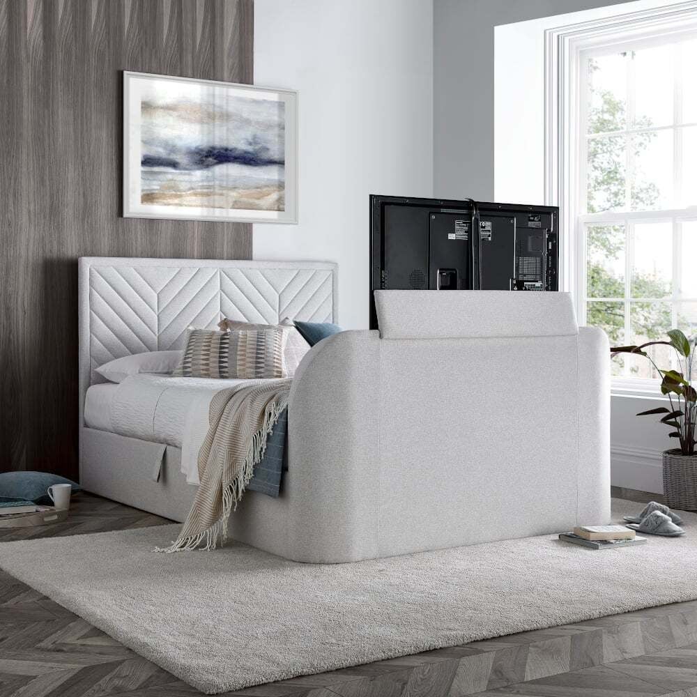 Sherlock - King Size - Ottoman Storage TV Bed - Natural - Fabric - 5ft - Happy Beds