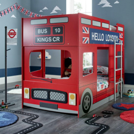 Kids London Bus Bunk Bed Single - Metal Ladder and Moveable Wheel - Red - Wooden - 3ft - Happy Beds