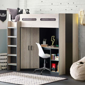 Hercules - Single - Kids High Sleeper - Desk - Wardrobe and Storage - Oak and Dark Grey - Wooden - 3ft - Happy Beds
