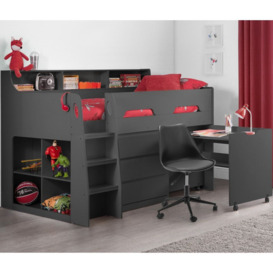 Jupiter - Single - Kids Mid Sleeper Bed - Cabin Bed - Desk and Storage - Dark Grey - 3ft - Happy Beds