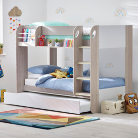 Mars - Single - Kids Bunk Bed - Storage and Underbed Trundle - Neutral Taupe - Wooden - 3ft - Happy Beds