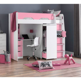 Pegasus - Single - Kids High Sleeper Bed - Wardrobe - Desk and Storage - Pink and White - Wooden - 3ft - Happy Beds