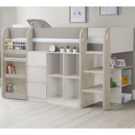 Saturn - Single - Kids Mid Sleeper Bed - Storage and Desk - Brown and White - Wooden - 3ft - Happy Beds