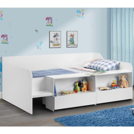 Stella - Single - Kids Low Sleeper Cabin Bed - Storage - White - Wooden - 3ft - Happy Beds
