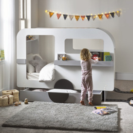 Tourer - Single - Caravan Shaped Kids Bed with Shelving and Underbed Drawer - Grey/White - Wooden - 3ft - Happy Beds