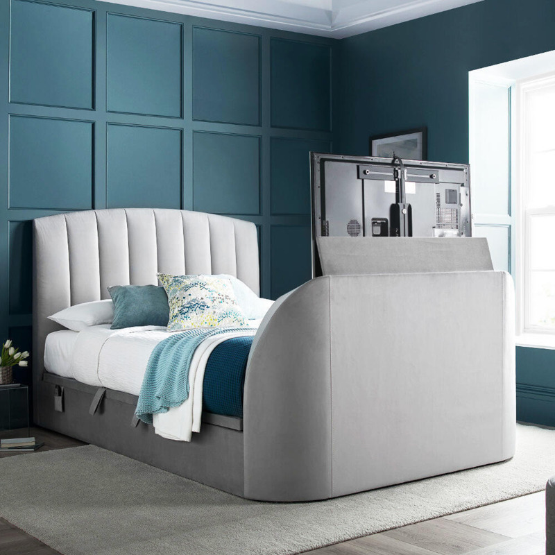Flintstone - Super King Size - Side-Opening Ottoman Storage Electric TV Bed  - Light Plume Grey - Velvet - 6ft by Happy Beds | ufurnish.com