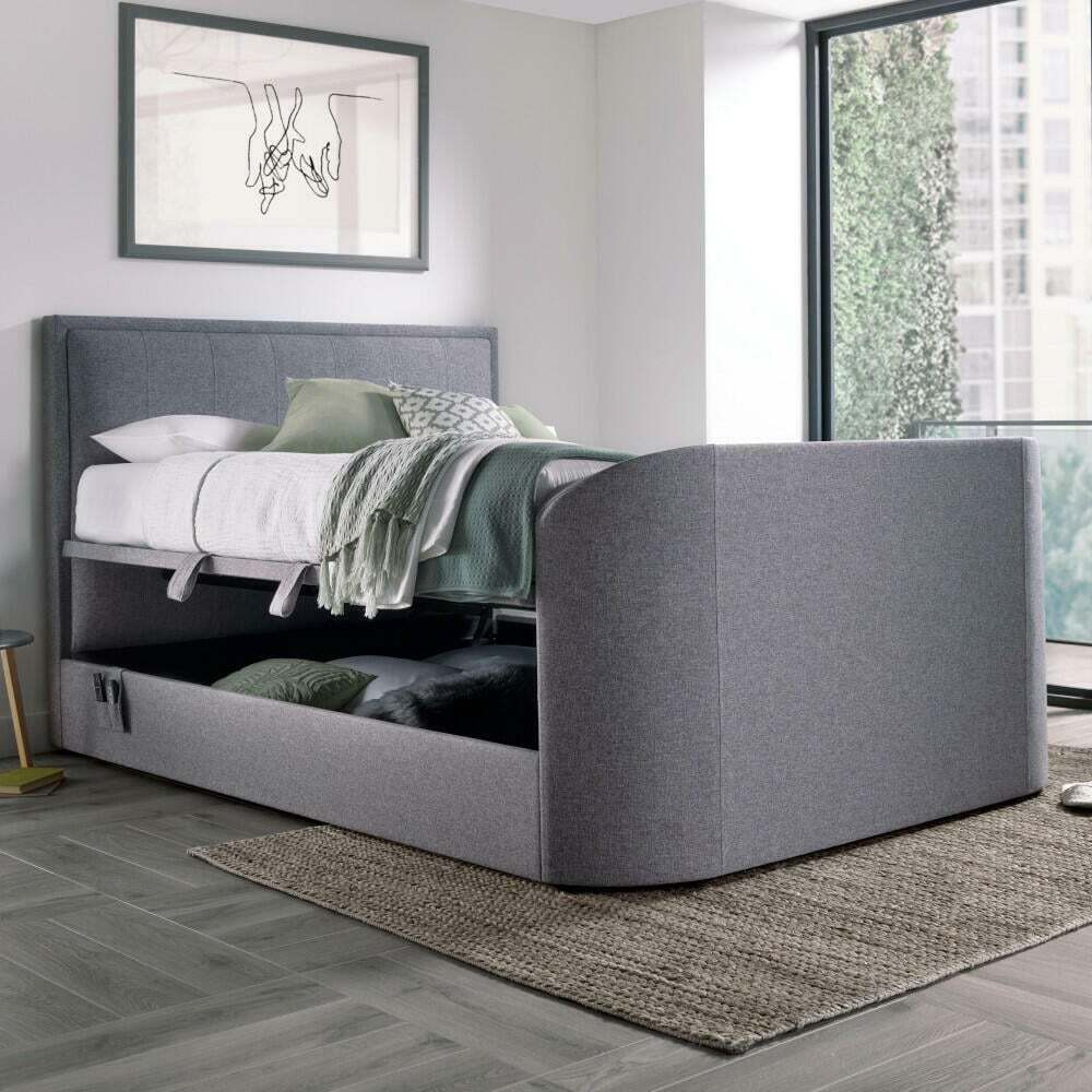 Griffin - King Size - Side-Opening Ottoman Storage Media Electric TV Bed -  Light Grey - Velvet - 5ft by Happy Beds | ufurnish.com