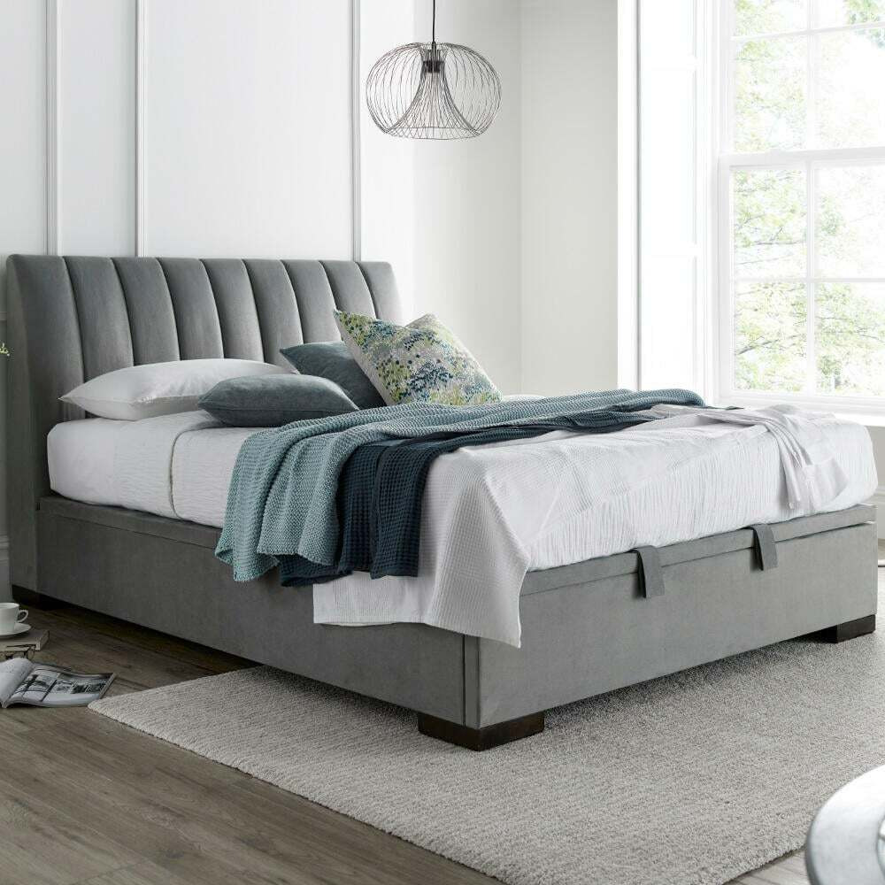 Langford - Double - Ottoman Storage Bed - Grey - Velvet - 4ft6 - Happy Beds
