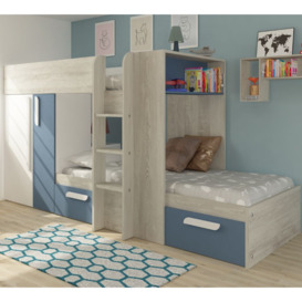 Barca - Kids Bunk Bed - Blue and Oak - Wood - Single - 3ft - Happy Beds