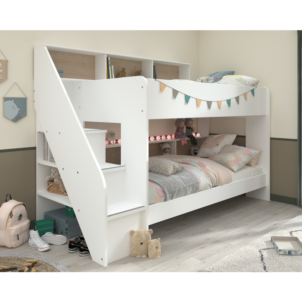 Bibliobed - Single - Kids Staircase Bunk Bed - Storage - White - Oak - Wooden - 3ft - Happy Beds - image 1