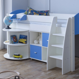 Eli - White and Blue Kids Mid Sleeper Bed - Desk and Shelving Unit - Wooden - 3ft - Happy Beds - thumbnail 2