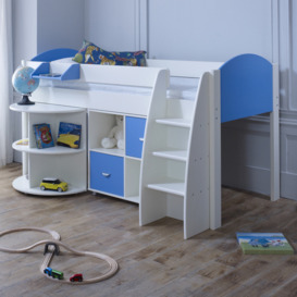Eli - White and Blue Kids Mid Sleeper Bed - Desk and Shelving Unit - Wooden - 3ft - Happy Beds