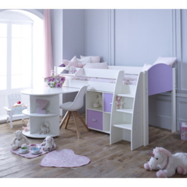 Eli - White and Lilac Kids Mid Sleeper Bed - Desk and Shelving Unit - Wooden - 3ft - Happy Beds