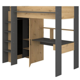 Grayson - Single - Kids High Sleeper Bed - Storage - Desk and Wardrobe - Grey and Oak - Wooden - 3ft - Happy Beds - thumbnail 2