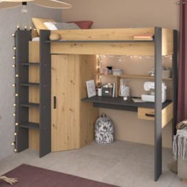 Grayson - Single - Kids High Sleeper Bed - Storage - Desk and Wardrobe - Grey and Oak - Wooden - 3ft - Happy Beds