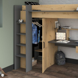 Grayson - Single - Kids High Sleeper Bed - Storage - Desk and Wardrobe - Grey and Oak - Wooden - 3ft - Happy Beds - thumbnail 3