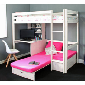 Hit - Kids High Sleeper Bed with Pink Futon Bed - White - Wooden - Single - 3ft - Happy Beds