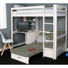 Hit - Kids High Sleeper Bed with Silver Futon Bed - White - Wooden - Single - 3ft - Happy Beds