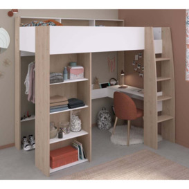 Shelter - EU Single - Storage High Sleeper with Built-In Wardrobe, Desk and Shelving - White/Oak - Wooden - EU3FT - Happy Beds