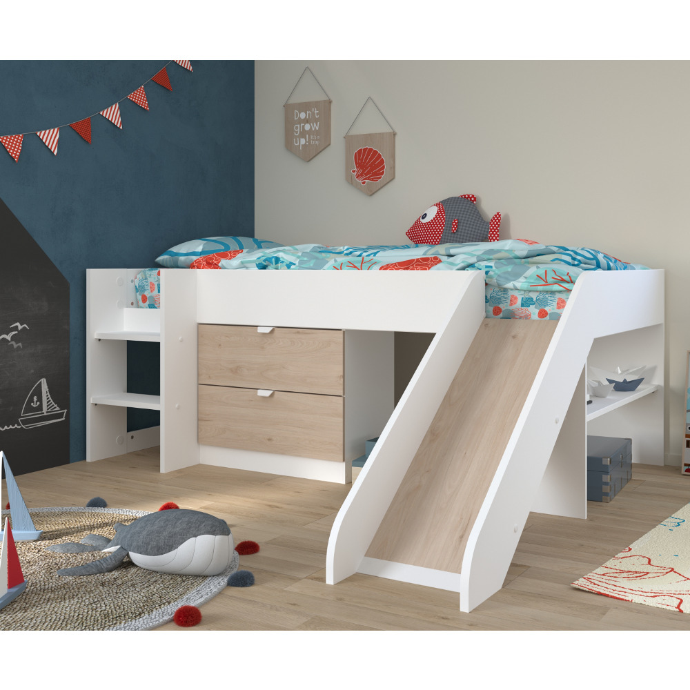 Tobo - Single - Kids Mid Sleeper Bed - Slide - White and Oak - Wood - 3ft - Happy Beds - image 1