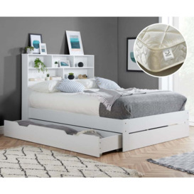 Alfie/Signature Crystal - King Size - Bookcase Bed with Underbed Drawer and 3000 Pocket Sprung Mattress Included - White - Wooden/Fabric - 5ft - Happy Beds