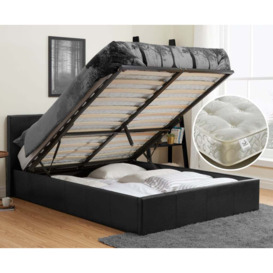 Berlin/Gold - Single - Ottoman Storage Bed and Tufted Orthopaedic Spring Mattress Included - Black/White - Leather/Fabric - 3ft - Happy Beds