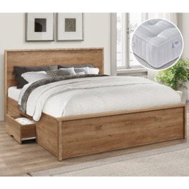 Stockwell/Super Ortho - Small Double - Storage Bed with Single Drawer and Open Coil Spring Reflex Foam Orthopaedic Mattress Included - Oak/White - Wooden/Fabric - 4ft - Happy Beds