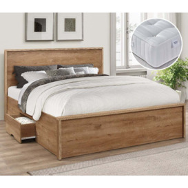 Stockwell/Super Ortho - King Size - Storage Bed with Single Drawer and Open Coil Spring Reflex Foam Orthopaedic Mattress Included - Oak/White - Wooden/Fabric - 5ft - Happy Beds