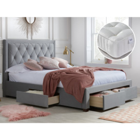 Woodbury/Signature Crystal - Double - Velvet Storage Bed with 4 Drawers and 3000 Pocket Sprung Mattress Included - Grey/White - Velvet/Fabric - 4ft6 - Happy Beds