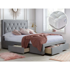 Woodbury/Signature Crystal - King Size - Velvet Storage Bed with 4 Drawers and 3000 Pocket Sprung Mattress Included - Grey/White - Velvet/Fabric - 5ft - Happy Beds