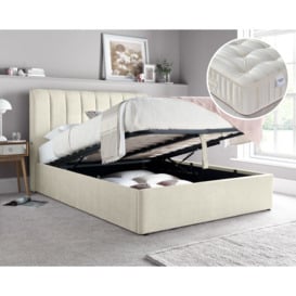 Autumn/Supreme - King Size - Ottoman Storage Bed and Open Coil Spring Reflex Foam Orthopaedic Mattress Included - Oatmeal/White - Fabric - 5ft - Happy Beds