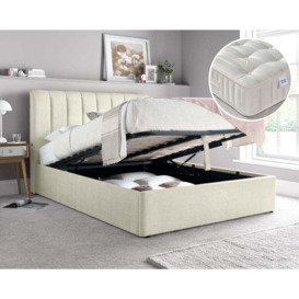 Autumn/Supreme - Super King Size - Ottoman Storage Bed and Open Coil Spring Reflex Foam Orthopaedic Mattress Included - Oatmeal/White - Fabric - 6ft - Happy Beds