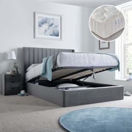 Harper/Pinerest - Double - Ottoman Storage Bed and Open Coil Spring Padded Mattress Included - Grey/White - Velvet/Fabric - 4ft6 - Happy Beds
